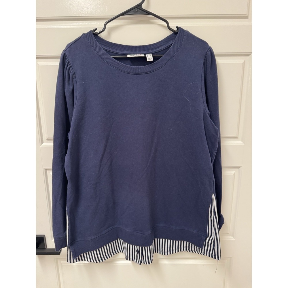 Denim & Co Blue Layered Look Striped Hem Long Sleeve Top Large Stretch L